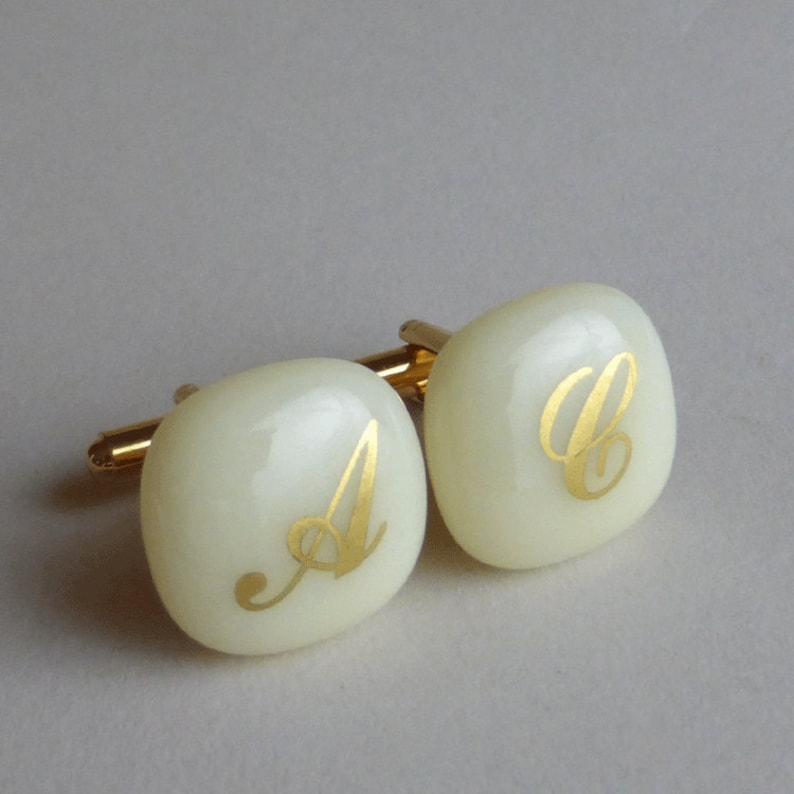 Monogram Cufflinks Gold initials on ivory color glass