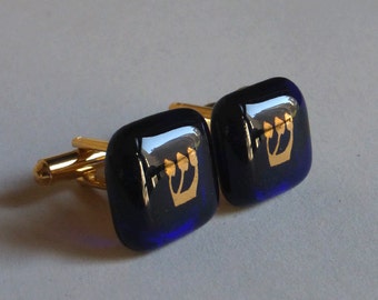 Shin cufflinks - Gold on dark royal blue fused glass - Gold plated hardware