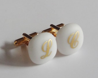 Custom monogram Cufflinks - Gold initials on matte white glass