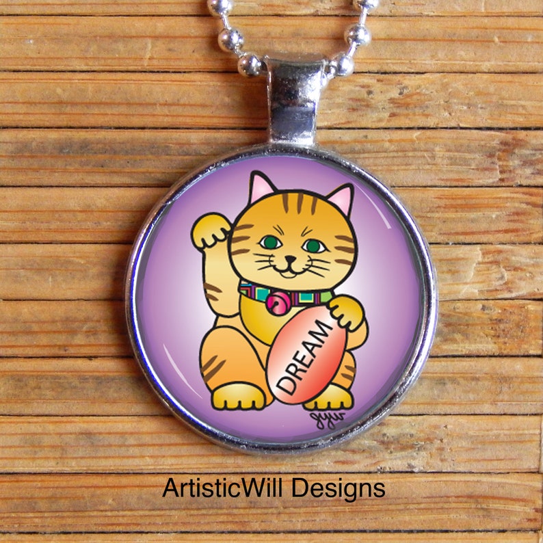 Dream Beckoning Cat Maneki, inspiration and goals, silver pendant image 2