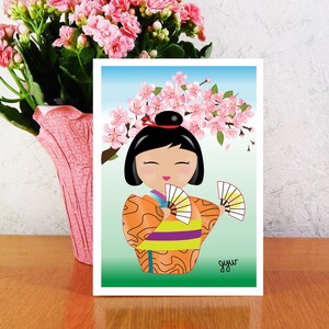 Kawaii Kokeshi dancing under cherry blossoms, Giclee 5x7 image 2