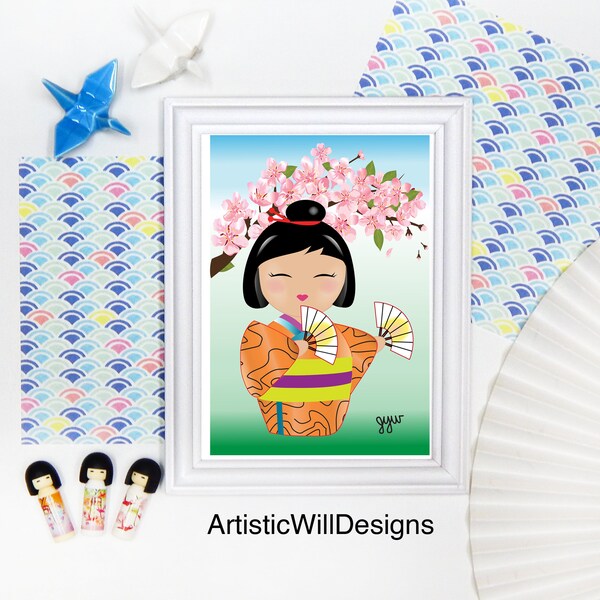 Kawaii Kokeshi dancing under cherry blossoms, Giclee 5x7