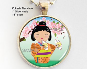 Kawaii Kokeshi and Cherry Blossoms Necklace, Oragne