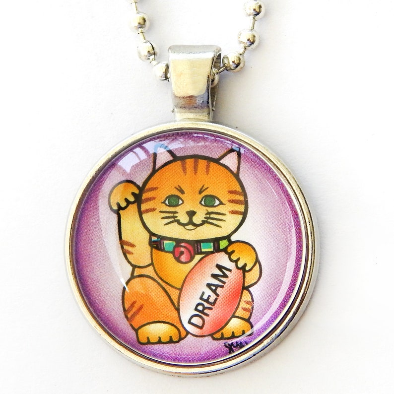 Dream Beckoning Cat Maneki, inspiration and goals, silver pendant image 3