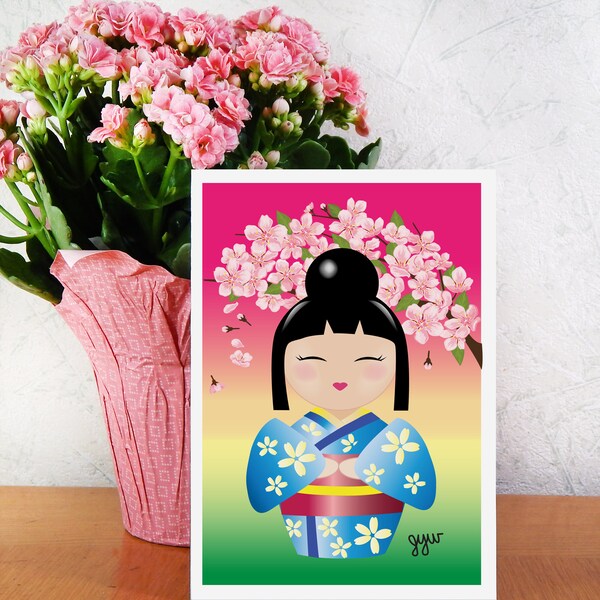 Kawaii Kokeshi Cherry Blossoms, Giclee 5x7 Print