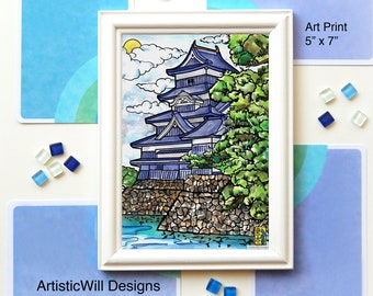 Matsumoto castle, Giclee Print, 5x7", Essence of Japan, watercolor