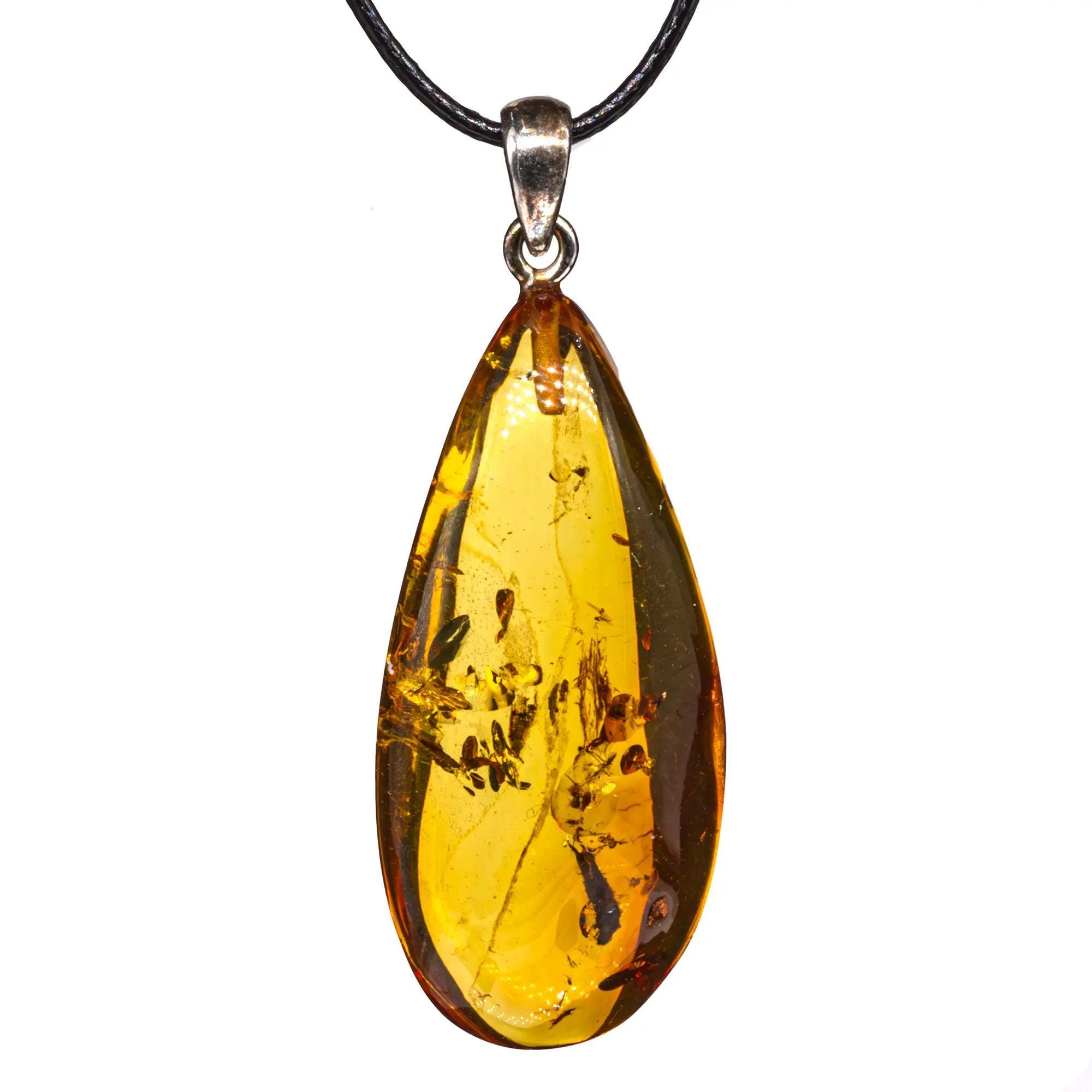 Pendentif En Argent Véritable Avec Ambre - Bijou Ancien Et Joli, Occasion - Chaîne Longue