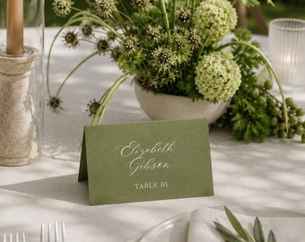 Elegant Green Calligraphy Place Card Template, Outdoor Garden Wedding decor, Digital Download