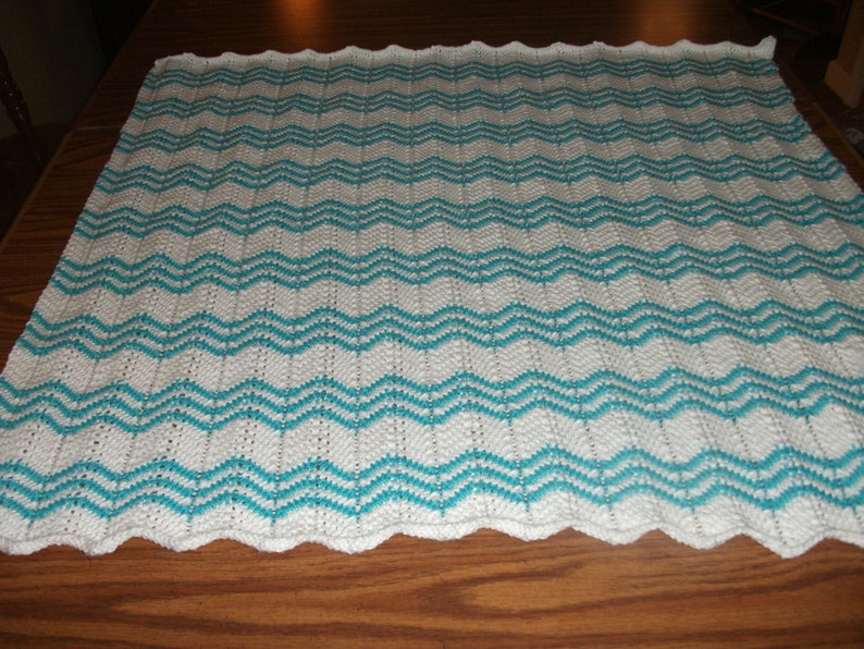 White and Turquoise Cotton Chevron Baby Blanket