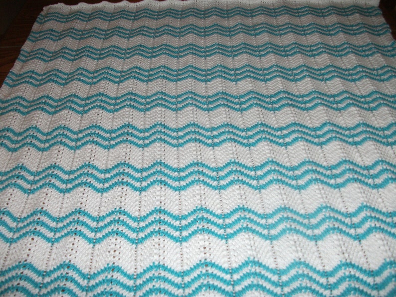 White and Turquoise Cotton Chevron Baby Blanket