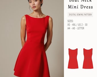 Mönster för alinerade miniklänningar med båtringning, ärmlös klänning, enkelt klänningsmönster, elegant klänningsmönster, US Letter-A4-A0