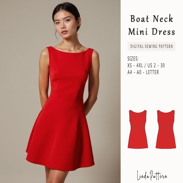 Boat Neck Bodice Aline Mini Dress Sewing Pattern, Sleeveless Dress Pattern, Easy Dress Pattern, Elegant Dress Pattern, US Letter-A4-A0