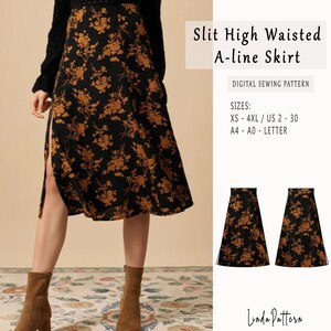 May include: A digital sewing pattern for a high-waisted A-line skirt with a slit. The skirt is black with a brown floral print. The pattern includes sizes XS-4XL, US 2-30, and A4-A0-Letter.