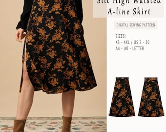 Patrón de costura para falda de corte A con abertura y cintura alta, estilo vintage midi acampanado (descarga digital)