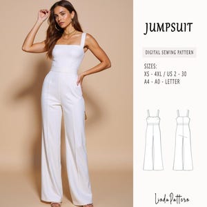 Puede incluir: Un patrón de costura digital para un mono blanco. El patrón incluye las tallas XS-4XL y las tallas españolas 34-52. El patrón está disponible en los formatos A4, A0 y Letter.