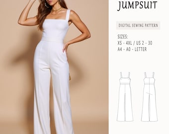 Wide Leg Jumpsuit Sewing Pattern, Thin Strap, US Sizes 2-30 (PDF Pattern)