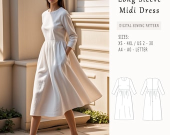 Patrón de costura para vestido largo de lino, manga larga, corte imperio (patrón PDF)