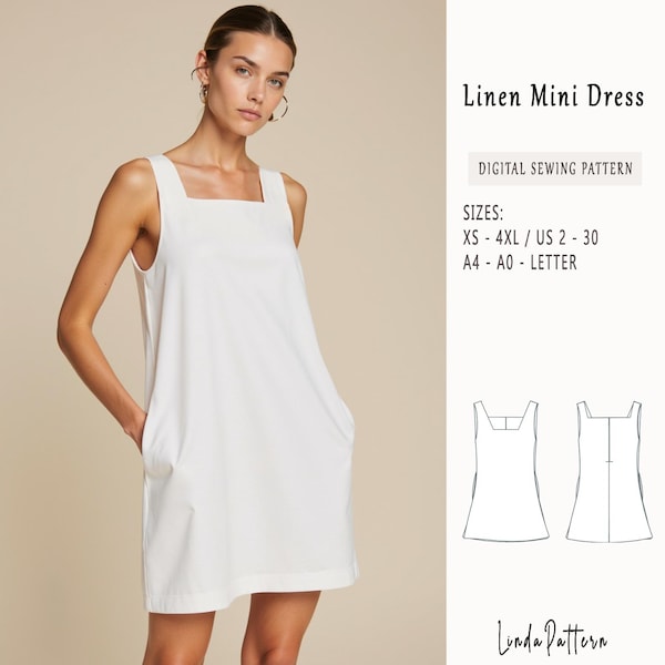Sleeveless Summer Dress Sewing Pattern, Loose Mini Dress Pattern, Shift Dress, Easy Dress Pattern, Causal Dress,Sundress Pattern Size XS-4XL