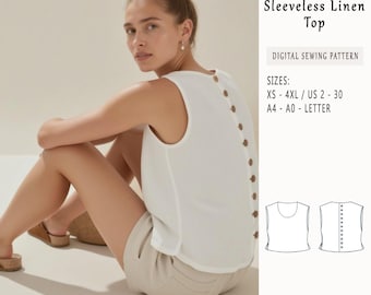 Linen Tank Top Sewing Pattern, Women's Blouse (US 2-30) (PDF Pattern)