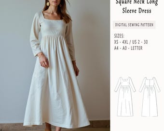 Square Neck Linen Maxi Dress Sewing Pattern, Long Sleeve Boho Summer Dress, Gathered Waist, Summer Dress, Sundress Pattern Sizes; XS-4XL