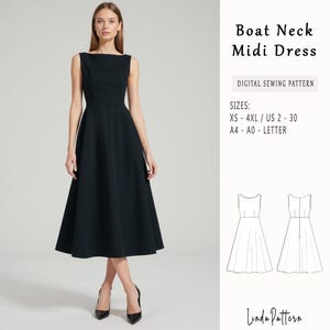 May include: A digital sewing pattern for a black boat neck midi dress. The pattern includes sizes XS-4XL and US sizes 2-30. The pattern is available in A4, A0, and Letter sizes.