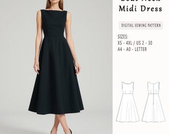 Boat Neck Midi Dress Sewing Pattern, Easy Dress Pattern, Evening Dress, Cocktail Dress, Circle Dress Pattern, Summer Dress,Prom Dress,XS-4XL