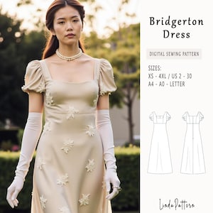 May include: A digital sewing pattern for a Bridgerton dress. The pattern includes sizes XS-4XL, US 2-30, and A4-A0-Letter. The pattern is shown on a white background with a line drawing of the dress.