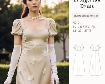 Schnittmuster für Bridgetton-Kleid, Regency-Kleid für XS-4XL (Digital PDF)