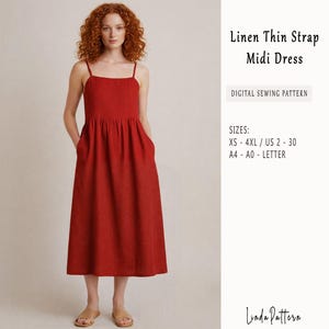 Puede incluir: Vestido midi de lino rojo con tirantes finos y bolsillos. El patrón de costura digital está disponible en tallas XS-4XL/US 2-30 y A4-A0-Letter. El vestido es de color liso y tiene un diseño sencillo y elegante.