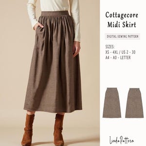 May include: A digital sewing pattern for a brown and white gingham midi skirt. The pattern includes sizes XS-4XL and is available in A4 and A0 letter sizes. The pattern is called "Cottagecore Midi Skirt".