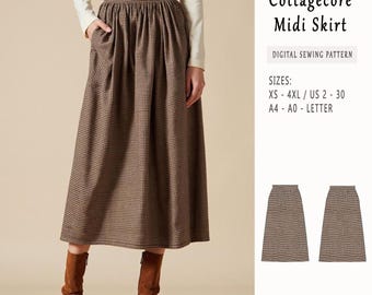 Midi Cottagecore Skirt Sewing Pattern, Cottagecore Vintage Midi Flare Skirt Pattern, Full Circle Skirt Pattern, A0, A4 US Letter US 2 to 30