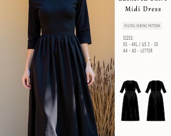 Puede incluir: Un patrón de costura digital para un vestido midi con falda fruncida. El patrón incluye las tallas XS-4XL, las tallas españolas 34-52 y las opciones de impresión para los formatos de papel A4, A0 y Letter.