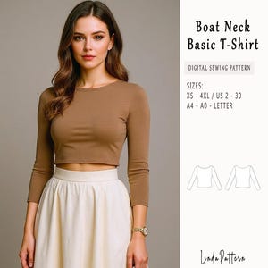 Może przedstawiać: Kobieta w brązowym topie z długim rękawem i dekoltem w łódkę oraz kremowej spódnicy. Obraz zawiera tekst "Boat Neck Basic T-Shirt" i "Digital Sewing Pattern". Rozmiary od XS do 4XL.