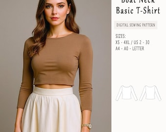 Women’s T-Shirt Sewing Pattern PDF, Boat Neck Long Sleeve Top Sewing Pattern, Easy Beginner Tee, Fitted Stretch Knit Top, XS–4XL