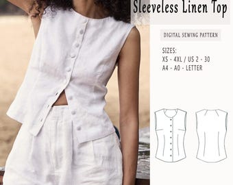 Sleeveless Linen Top Sewing Pattern, Basic Top Sewing Pattern, Easy T-shirt sewing Pattern,Size XS - 4XL, Suitable For UsLetter-A4-A0 Format