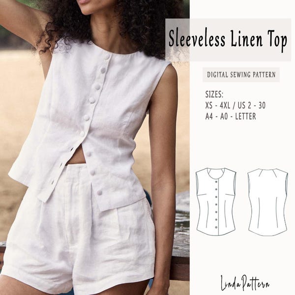 Sleeveless Linen Top Sewing Pattern, Basic Top Sewing Pattern, Easy T-shirt sewing Pattern,Size XS - 4XL, Suitable For UsLetter-A4-A0 Format