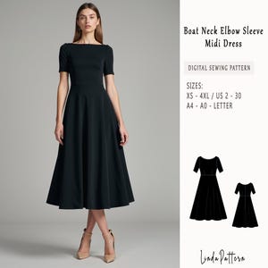 Puede incluir: Un patrón de costura digital para un vestido midi negro con cuello barco y mangas de codo. El patrón incluye las tallas XS-4XL, ES 34-52, y A4-A0-Carta.