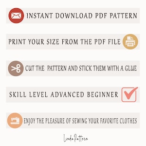 Pu&ograve; includere: Grafica con istruzioni per un modello di cucito PDF. I passaggi includono il download immediato, la stampa della taglia, il taglio e l'incollaggio del modello, e il livello di abilit&agrave; &egrave; principiante avanzato. L'immagine include anche il testo "Goditi il piacere di cucire i tuoi vestiti preferiti."