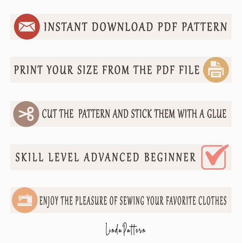 Pu&ograve; includere: Grafica con istruzioni per un modello di cucito PDF. I passaggi includono il download immediato, la stampa della taglia, il taglio e l'incollaggio del modello, e il livello di abilit&agrave; &egrave; principiante avanzato. L'immagine include anche il testo "Goditi il piacere di cucire i tuoi vestiti preferiti."