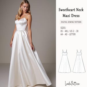 Sweetheart Neck Maxi Dress Sewing Pattern, Bridal Gown, Cocktail Dress, Anniversary Dress, Ball Gown, US 2 to 30 and XS to 4XL, A0- A4-US