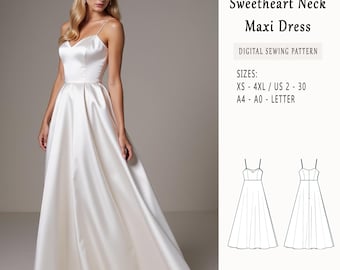 Sweetheart Neck Maxi Dress Sewing Pattern, Bridal Gown, Cocktail Dress, Anniversary Dress, Ball Gown, US 2 to 30 and XS to 4XL, A0- A4-US