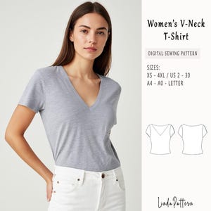 Puede incluir: Un patrón de costura digital para una camiseta de cuello en V. El patrón incluye las tallas XS-4XL y las tallas estadounidenses 2-30. El patrón está disponible en tamaños A4, A0 y Letter.