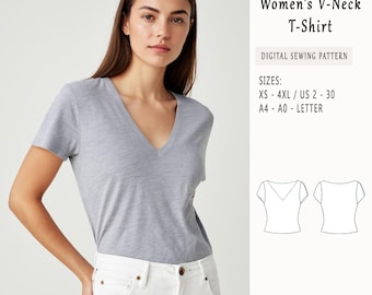 V-Neck Fitted T-Shirt Sewing Pattern, Women's Sizes XS-4XL (Digital Download)