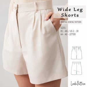 Könnte beinhalten: Ein digitales Schnittmuster für eine weite Shorts. Das Schnittmuster umfasst die Größen XS-4XL, die deutschen Größen 2-30 und Druckoptionen für die Papierformate A4, A0 und Letter.