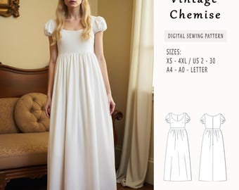 Patrón de costura de camisola larga vintage, vestido renacentista con enagua, vestido cottagecore largo fruncido, camisola de manga corta, vestido regencia, vestido élfico