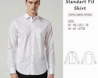 Patrón de costura de camisa de corte estándar para hombre, patrón de camisa para hombre, patrón de camisa abotonada, patrón de costura para hombre, talla de hombre 35 - 68, talla XS-4XL
