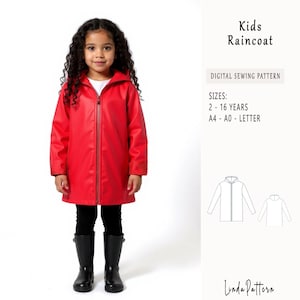 May include: A child in a red raincoat with a zip and hood, paired with black trousers and wellington boots. The image includes the text "Kids Raincoat" and pattern details. The raincoat is a vibrant red, perfect for rainy days.