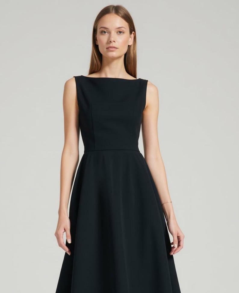K&ouml;nnte beinhalten: Ein schwarzes, &auml;rmelloses Kleid mit einem Boot Ausschnitt und einem ausgestellten Rock.