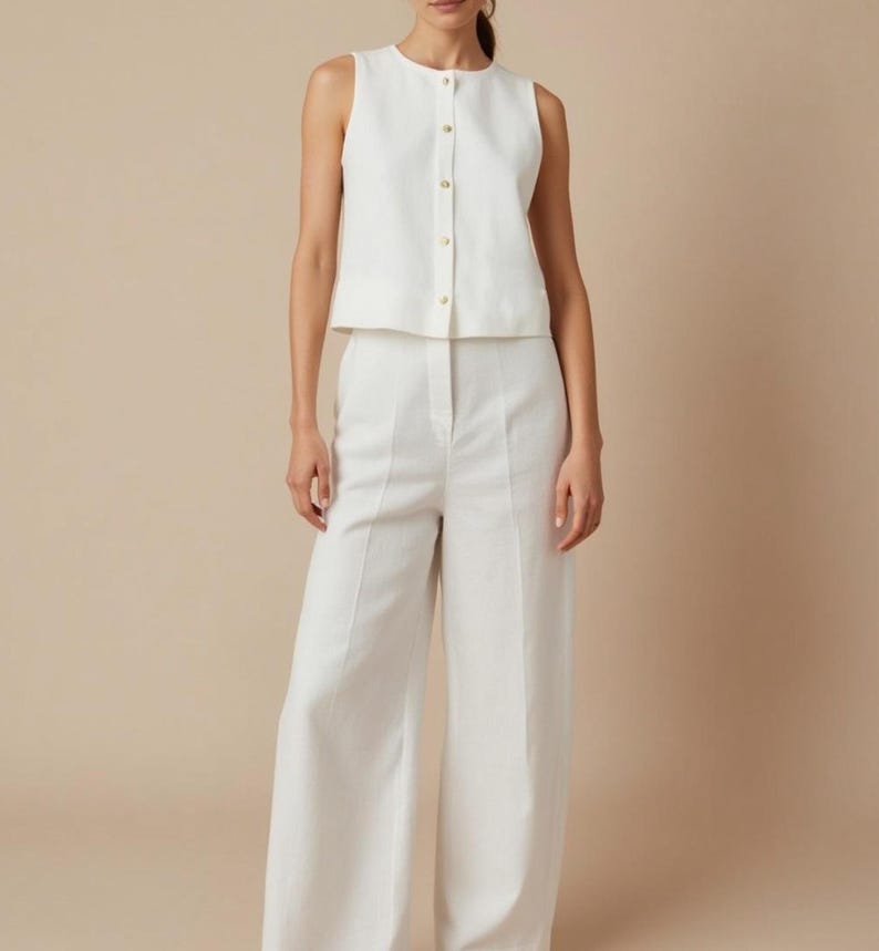 Pu&ograve; includere: Un top bianco senza maniche con bottoni dorati e pantaloni a gamba larga abbinati. L'outfit &egrave; realizzato in un tessuto colorato chiaro e ha un design minimalista. I pantaloni hanno una vita alta e una vestibilit&agrave; su misura, creando un look pulito ed elegante.