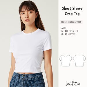 Op de afbeelding: Een digitaal naaipatroon voor een crop top met korte mouwen. Het patroon omvat maten XS tot 4XL, Nederlandse maten 2 tot 30 en printopties voor A4, A0 en Letter papierformaten.